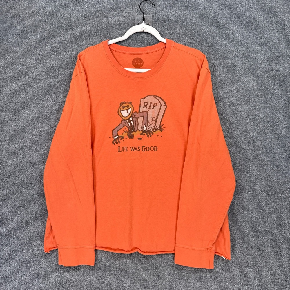 Life is Good Crusher Tee Womens XL Orange Halloween Jake Grave RIP Graphic Shirt